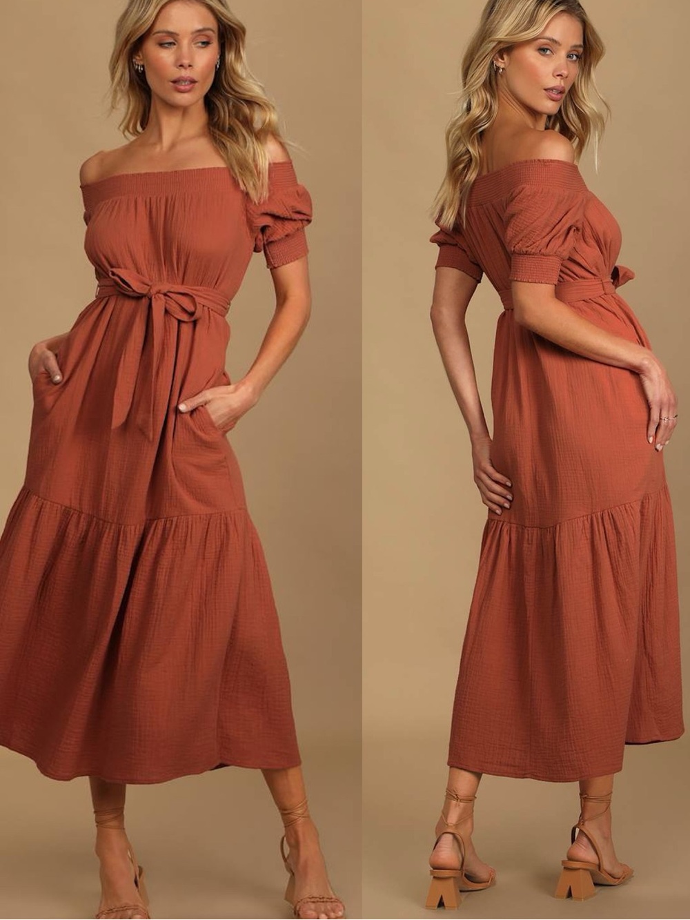 Lulus | Ready for Sunshine Rust Orange Off-the-Shoulder Midi Dress